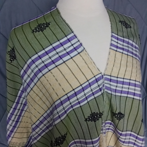 Large Multi Colored Poncho Stripes & Tassels V Neck Style Purple Green Yellow - Picture 4 of 10
